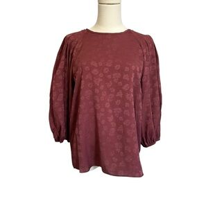 Current Air Jaquered Floral V-Neck Blouse Burgundy Size S